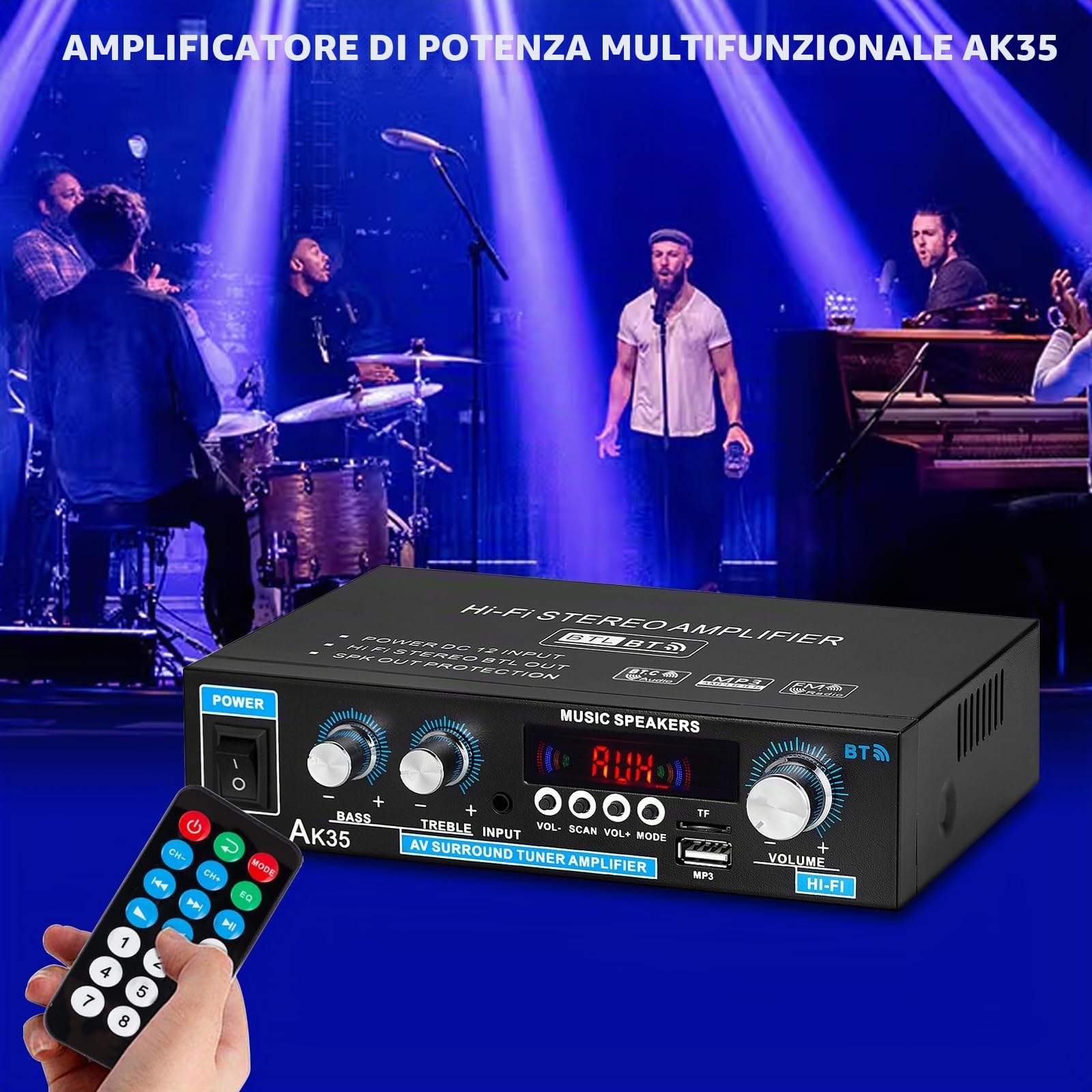 Amplificatore audio AK45, amplificatore stereo, amplificatore Bluetooth 5.0 HIFI con telecomando per auto e casa con ingresso MIC/SD/USB, radio FM