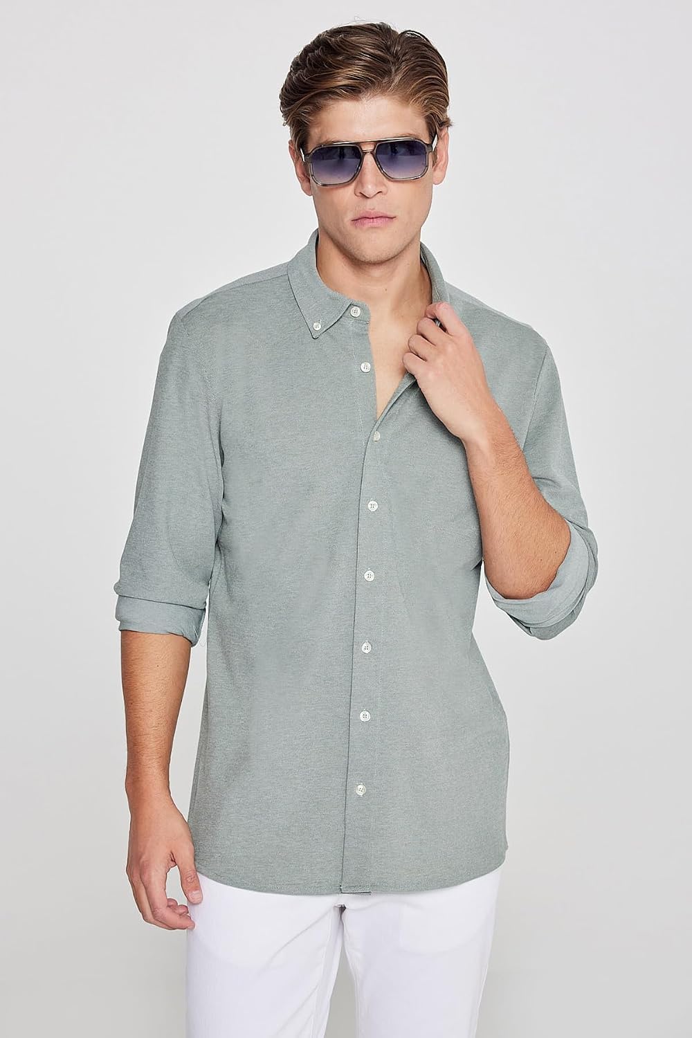 AC&Co/Altınyıldız Classics Erkek Haki Pamuklu Tailored Slim Fit Dar Kesim Düğmeli Yaka Örme Gömlek