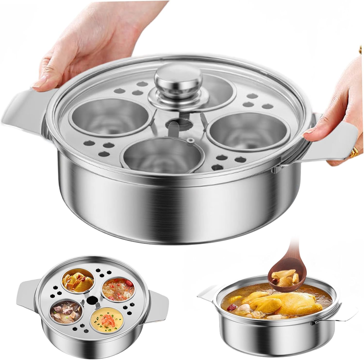 Egg Poacher Cups Egg Poacher ‎stainless Steel Poached Maker with 4 Cups, Nonstick Multipurpose Cooker Pot with Handle for Pots, Skillets and Pressure Cookers