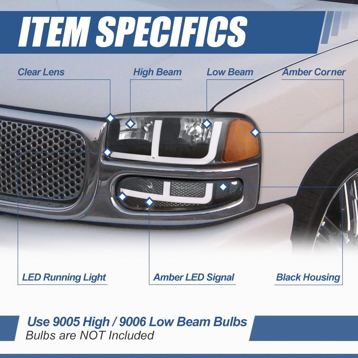 Auto Dynasty 4PCS Switchback LED DRL Headlights and Bumper Lamps Compatible with GMC Sierra C3 Yukon XL 1500 Denali 2001-2007, Driver and Passenger Side, Black Housing Amber Corner