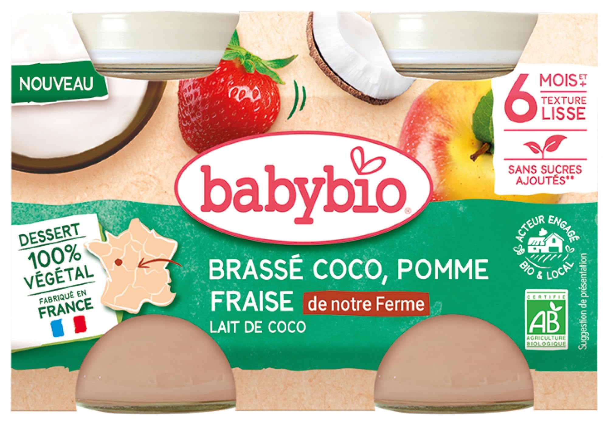 BABYBIO Petits Pots Brassés Coco, Pomme, Fraise - 2x130g