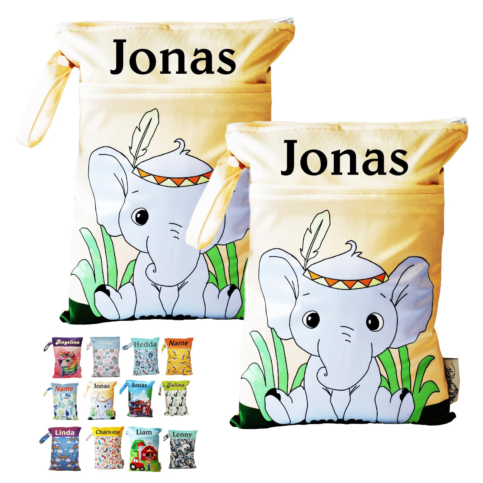 In Deutschland mit Namen personalisierte Wetbag Nasstasche mit 2 separaten Fächern, als Windelbeutel, im Kindergarten oder unterwegs (2 Stück Elefant)