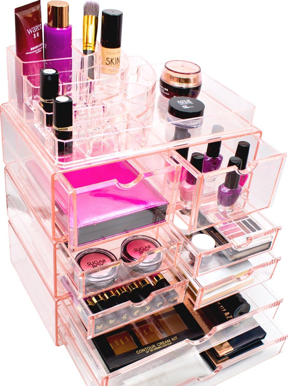 Sorbus Acrylic Cosmetics Makeup and Jewelry Storage Case X-Large Display Sets -Interlocking Scoop Drawers to Create Your Own Specially Designed Makeup Counter -Stackable and Interchangeable (Pink)