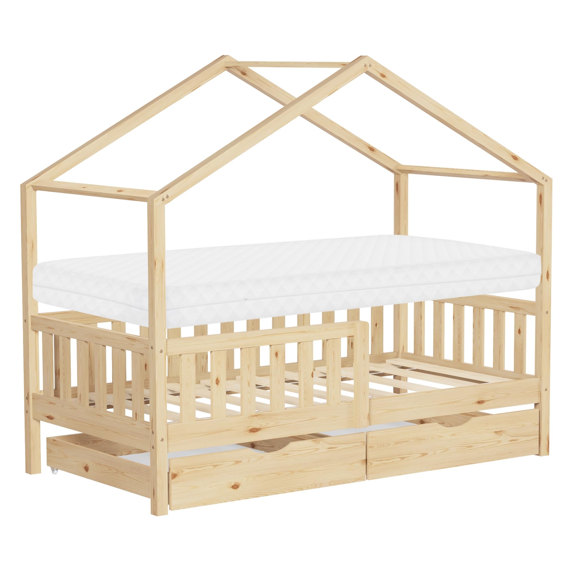 ML-Design Cama Infantil Casa 80x160 cm Madera Maciza Natural de Pino con Colchón, Casita Estilo Montessori con 2 Cajones, Somier de Láminas, Techo y Protección Anticaída, Cuna Baja de Suelo para Niños