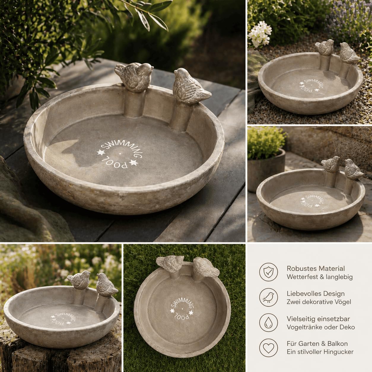 Vogeltränke Vogelbad Gartenvögel Wasserschale Vogeltränke Vogelbecken mit 2 Deko-Vögeln 26 cm rund für Balkon Terrasse Garten Dekoschale Wasserstelle für Wildvögel - 2 Stück