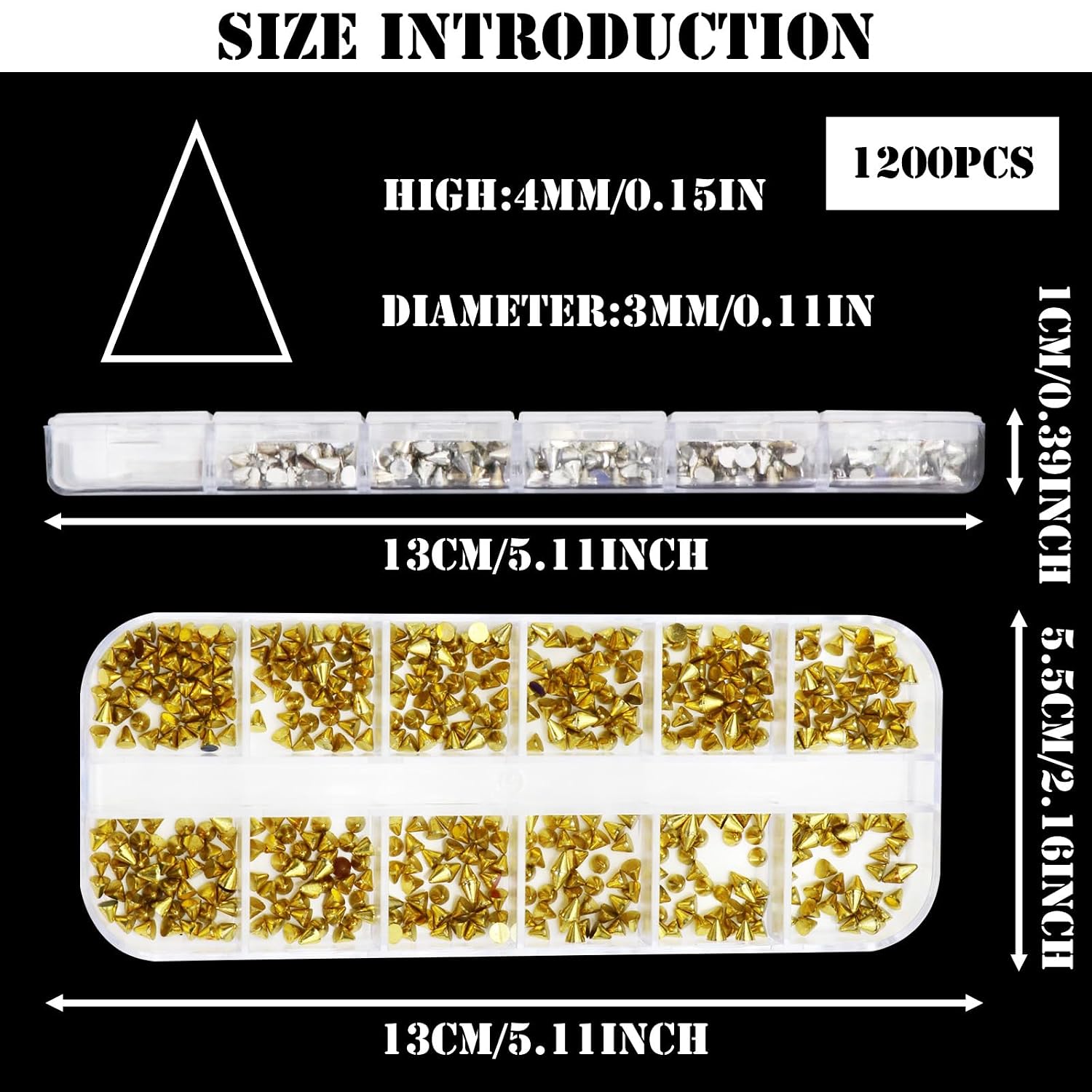 1200PCS Metal Rivet Punk Nail Charms 2Box Cone Metalic Spike Studs for Gothic Nail Art Silver and Gold Alloy Nail Studs for DIY Crafts Decoration