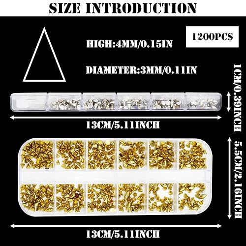 Miniatura 5 de 1200 dijes de uñas punk, remaches de metal, 2 cajas de clavos metálicos para arte de uñas góticas, tachuelas de uñas de aleación plateada y dorada