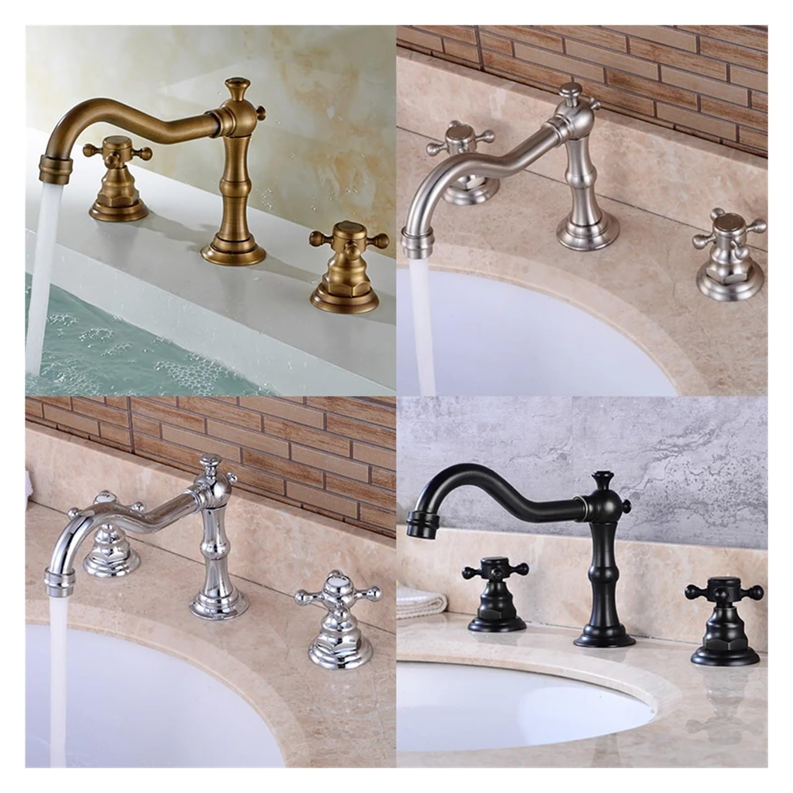 HEYMYTAP Rubinetto Bagno 3 Fori In Bronzo Lucidato - Beccuccio A Cascata Con Scarico Pop-Up, Ottone, 2 Maniglie, Filtri Anti-Intasamento - copertina