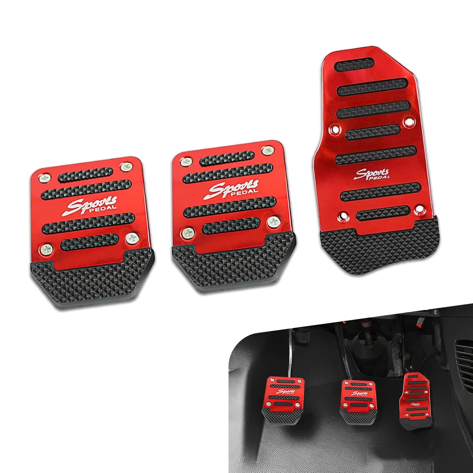 Shakas 3 PCS Car Pedal Kit, 5.7" x 3.15" Acceleration + 2.6" x 3.54" Clutch Brake Thickened Alloy Anti Slip Tape Pedal, Replacement Modification Parts, for Most Manual Transmission Cars (Red)