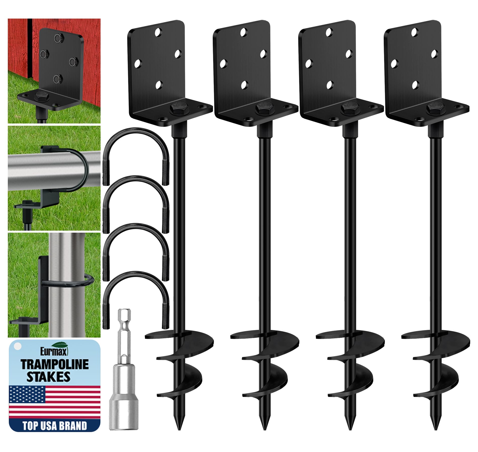 Photo 1 of Eurmax USA 4 Pack Heavy Duty Ground Anchors, Rust-Proof L-Shaped Screw-in Spiral Ground Stakes for Trampoline, Shed, Swing Set & Carport,High Wind Resistant Metal Auger Anchors (Black)