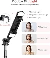 Vista 4 de ASHINER - Trípode de teléfono con control remoto, soporte portátil de 69 pulgadas para grabación, soporte extensible para teléfono celular con luz