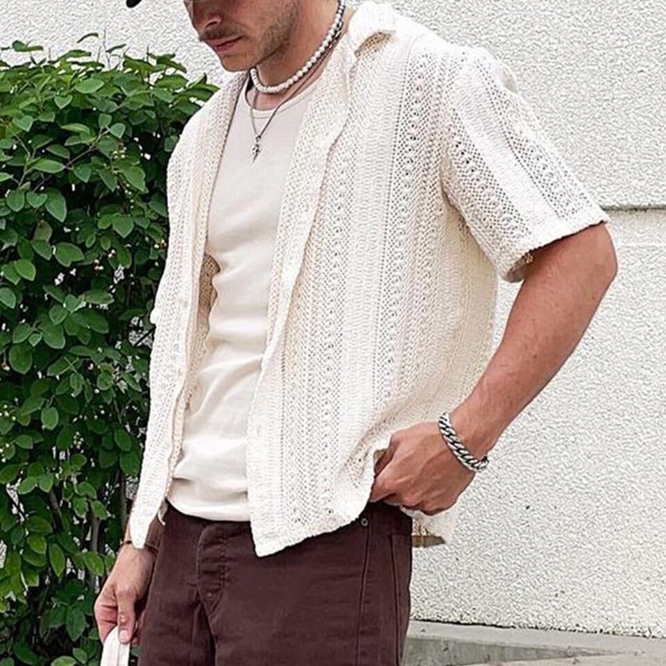 New ListingFashionable Beachwear Men's Vintage Knit Tops Turndown Collar Cardigans2