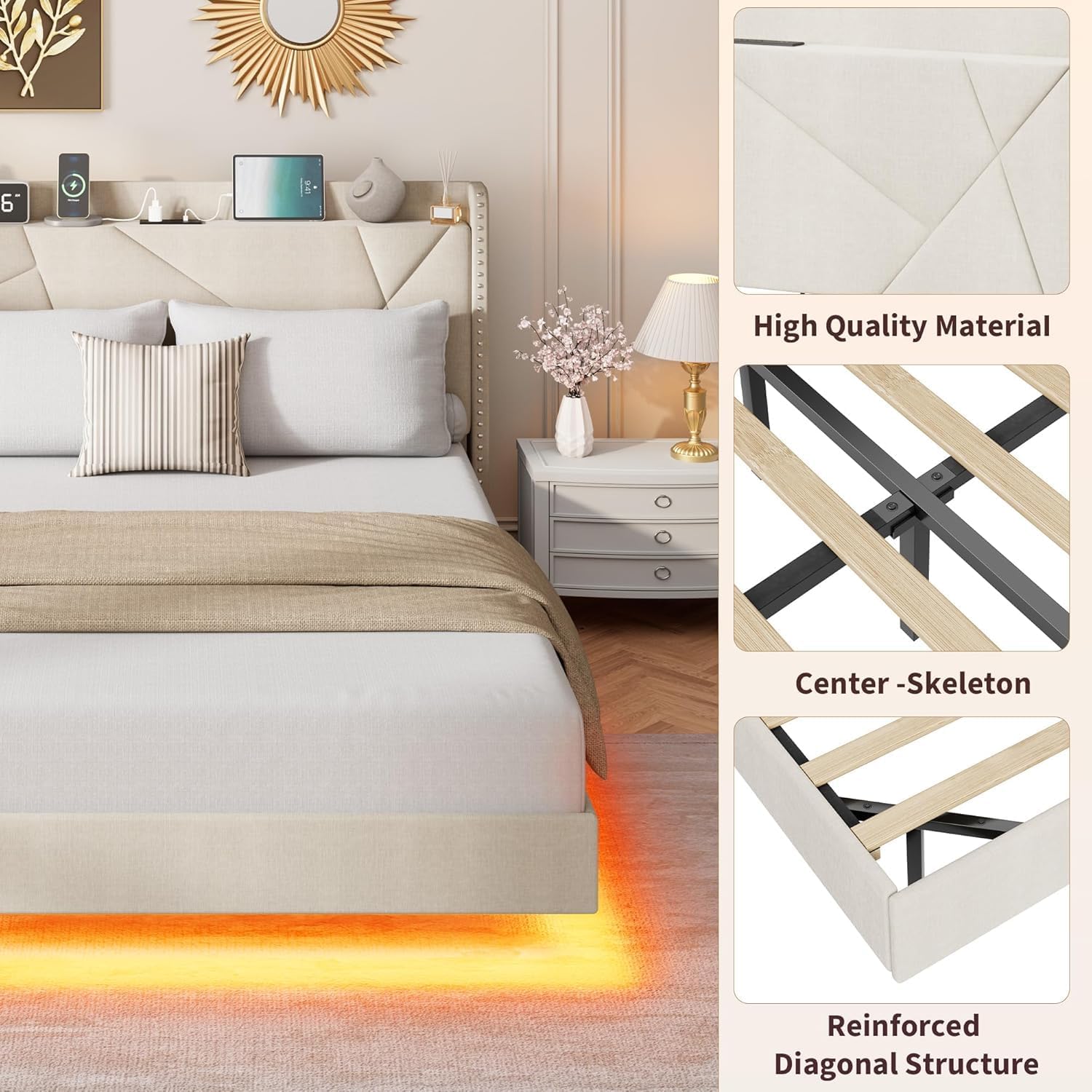 GarveeHome Queen Size Floating Bed Frame, Suspended Bed with RGB LED Lights and Charging Station, Upholstered Bed Frame with Storage Headboard and Button Tufted, No Box Spring Needed, Beige