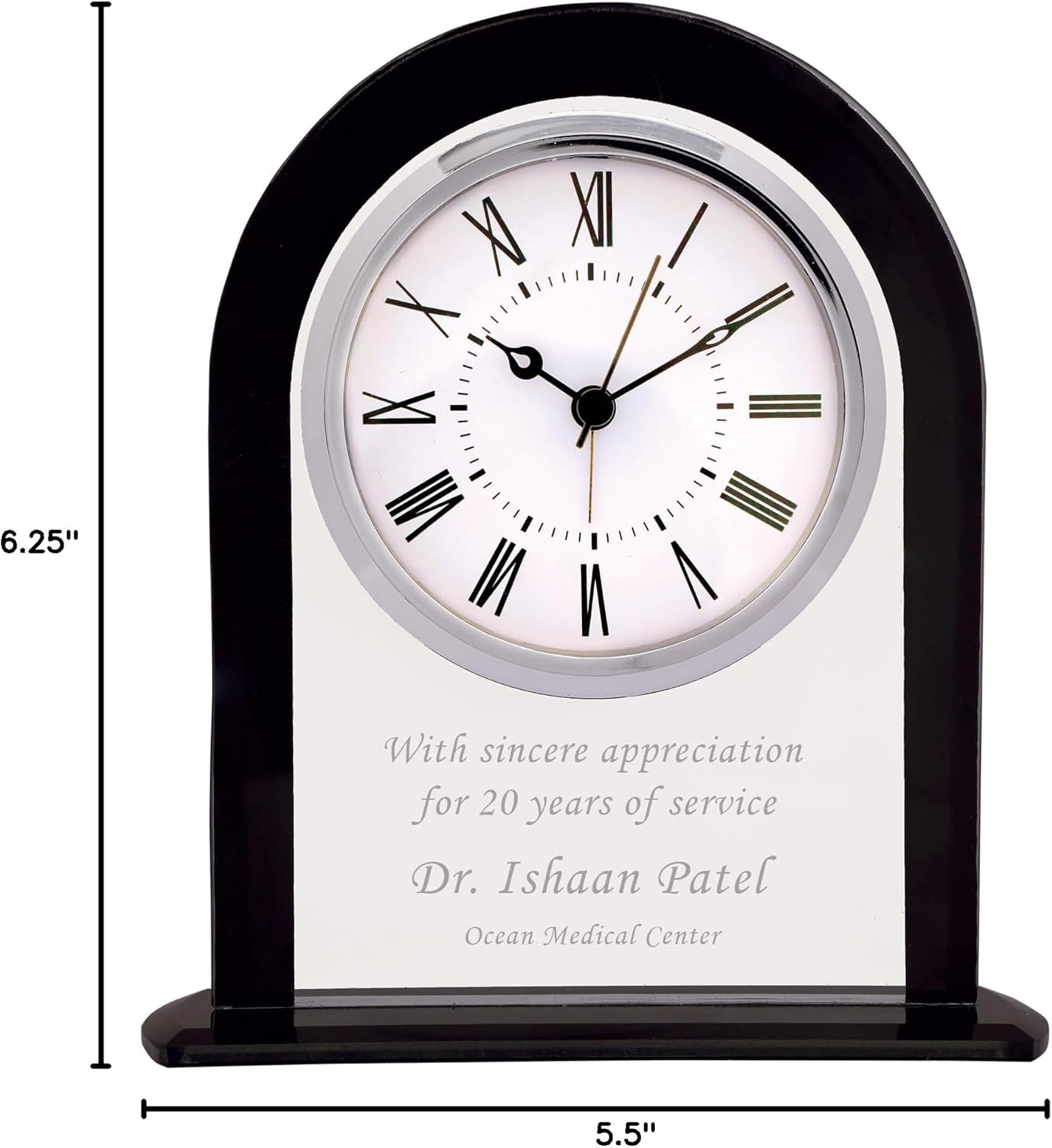 Personalized 6 1/4" Black and Clear Glass Arch Clock, Custom Engraved Battery Operated Desk Clock for Employee Appreciation, Recognition, Retirement Award