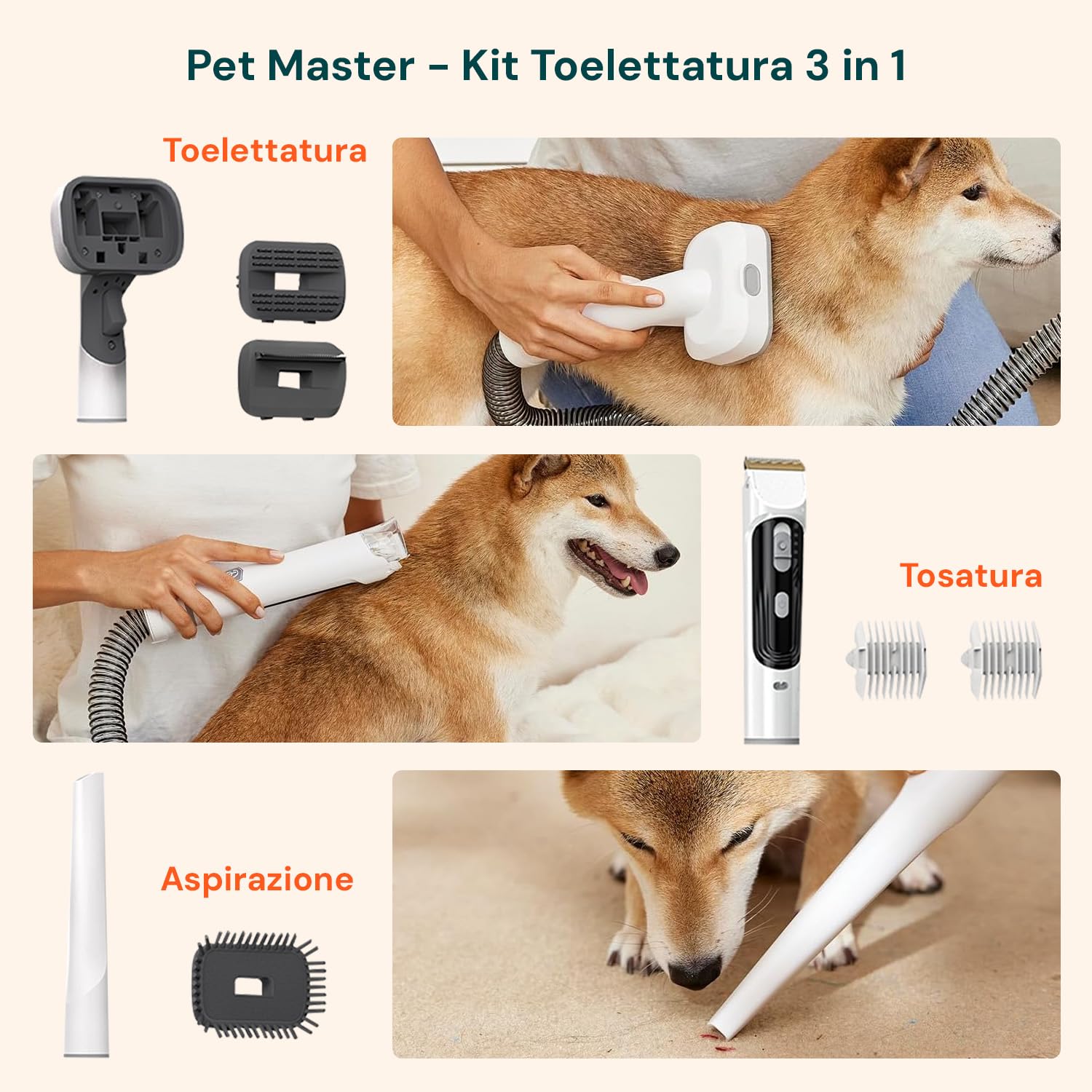 Kit Toelettatura 3in1 per Cani e Gatti - Spazzola, Tosatrice e Aspirapeli – 3 Velocità 350W - Serbatoio 2L e Tubo 1,6m - Toelettatura Completa per Pelo Lungo e Corto - 22x32x13cm