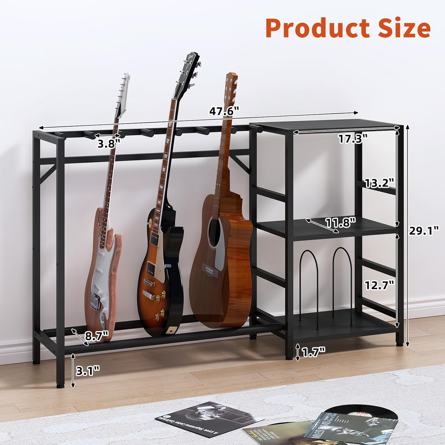 Guitar Stand with Record Player Stand, Guitar Rack with Record Player Table, Guitar Holder 7 Space for Multiple Guitars, Bass, Acoustic, Guitar Display for Home Music Studio, Black