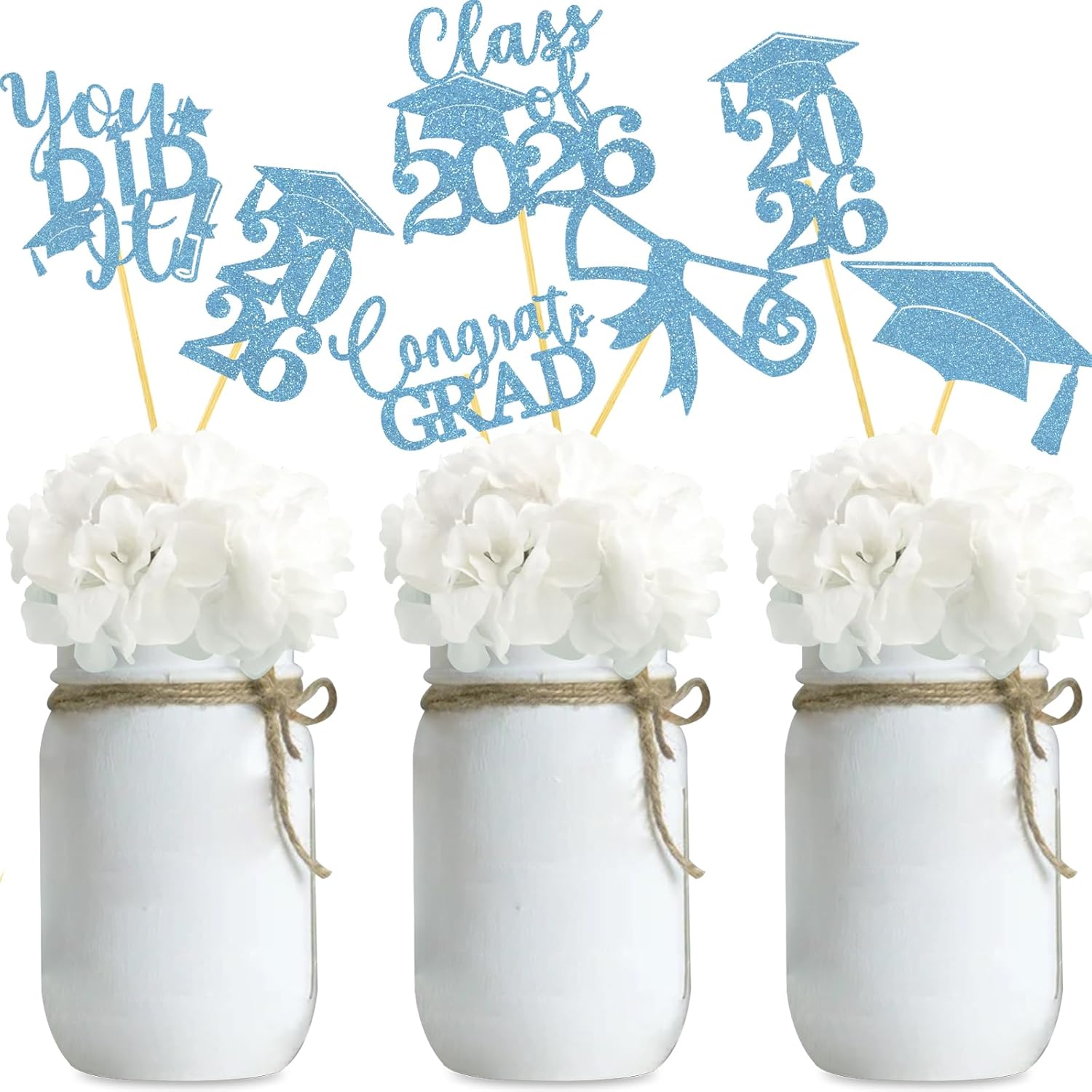 Graduation Centerpiece Sticks 24PCS Glitter Grad Picks Party Table Decor Senior High School College Sign Light Blue