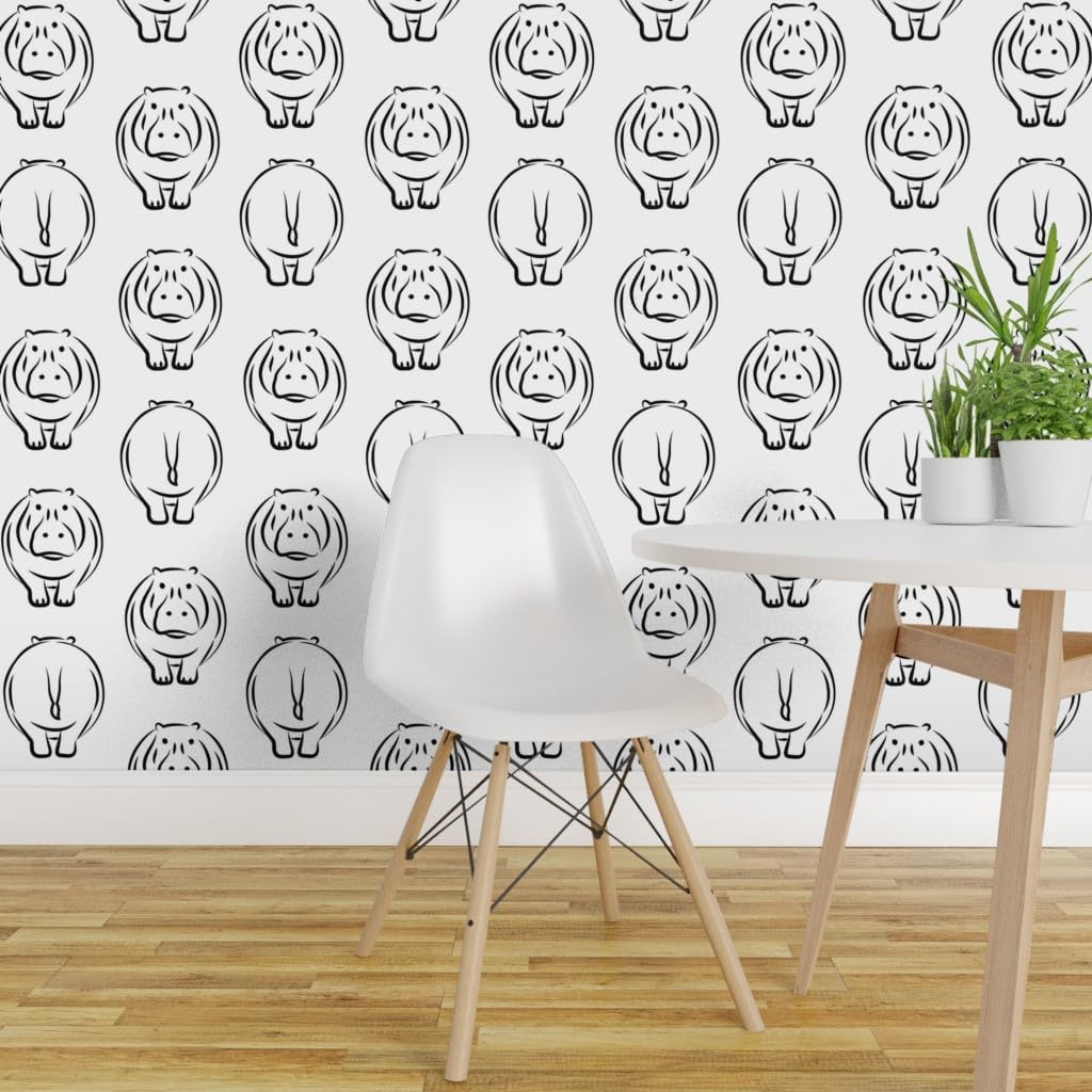 Removable Wallpaper 3ft x 2ft - Monochrome Zoo Safari Black White Baby Animals African Hippo Butts Custom Pre-Pasted Wallpaper by Spoonflower