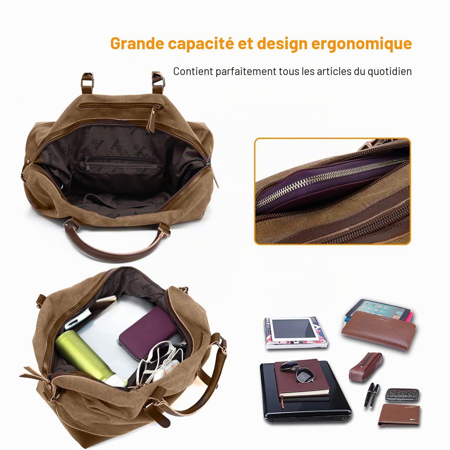 FANDARE Sac de Toile Main et Bandoulière - Sac de Voyage et Sport pour Hommes et Femmes - Week-End, Camping, Randonnée, Loisirs - Marron L