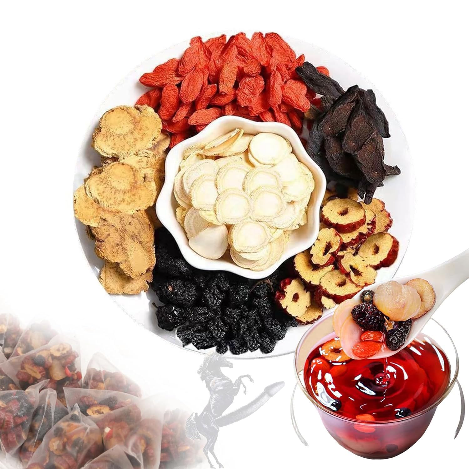 Kidney Tea Formula Ginseng Six Treasure Tea, Five Flavors Wolfberry Tea，Five-Flavor Goji Berries Nourishing Tea, Chinese Herbal Tea for Men（10 sachets/box） (1Box)