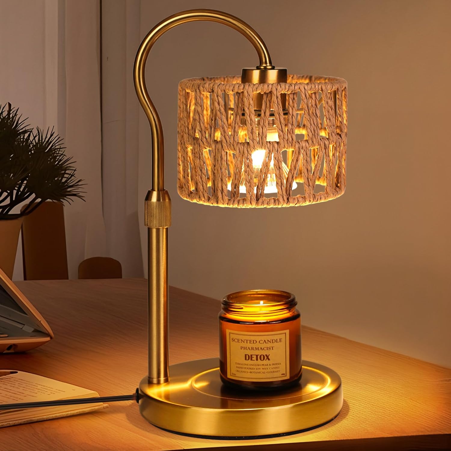 Candle Warmer Lamp,Adjustable Height with 2 Bulbs，Boho Rattan Candle Lamp with Dimmer & Timer, Flameless Fragrance Diffuser for Scented Wax Melts, Mothers Day and Birthday Gifts for Home, Office