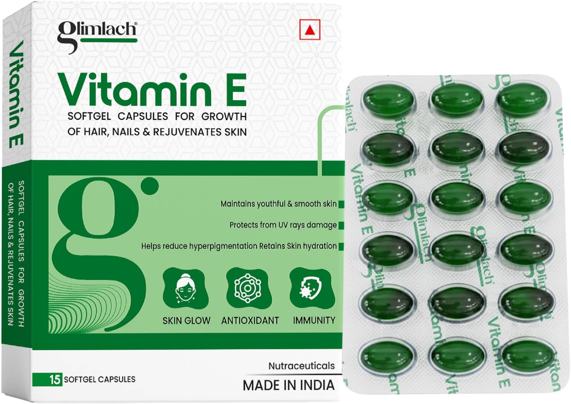 GLIMLACH Vitamin E Capsule for Glowing Face, Skin and Hair Nutrition, Vitamin E Capsule Pack with Nutrient-Rich Formulation for Face Care, Skin Care and Hair Care (15 Capsules Each) (Pack of 3)