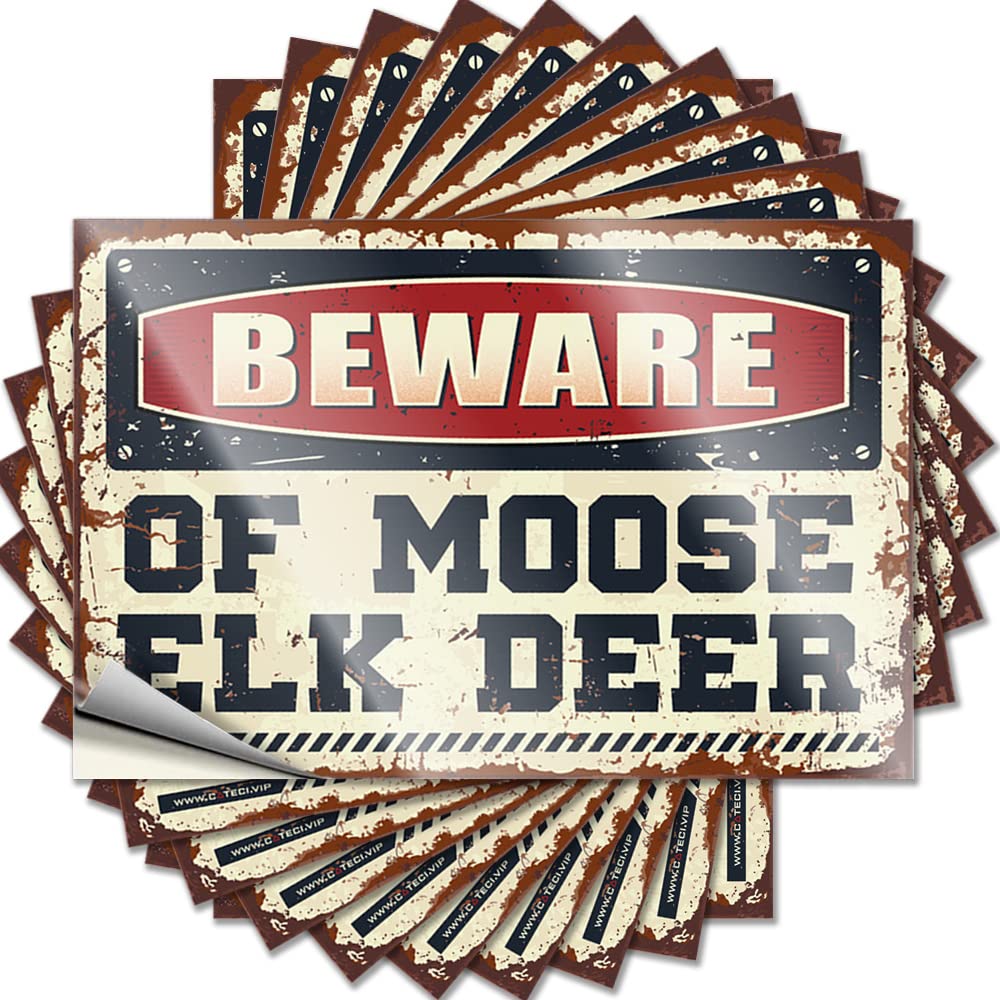 Funny Car Stickers Beware of Moose Elk Deer Funny Sticker 10 Pcs Funny Signs for Man Cave Prank Bumper Stickers(12X18CM)