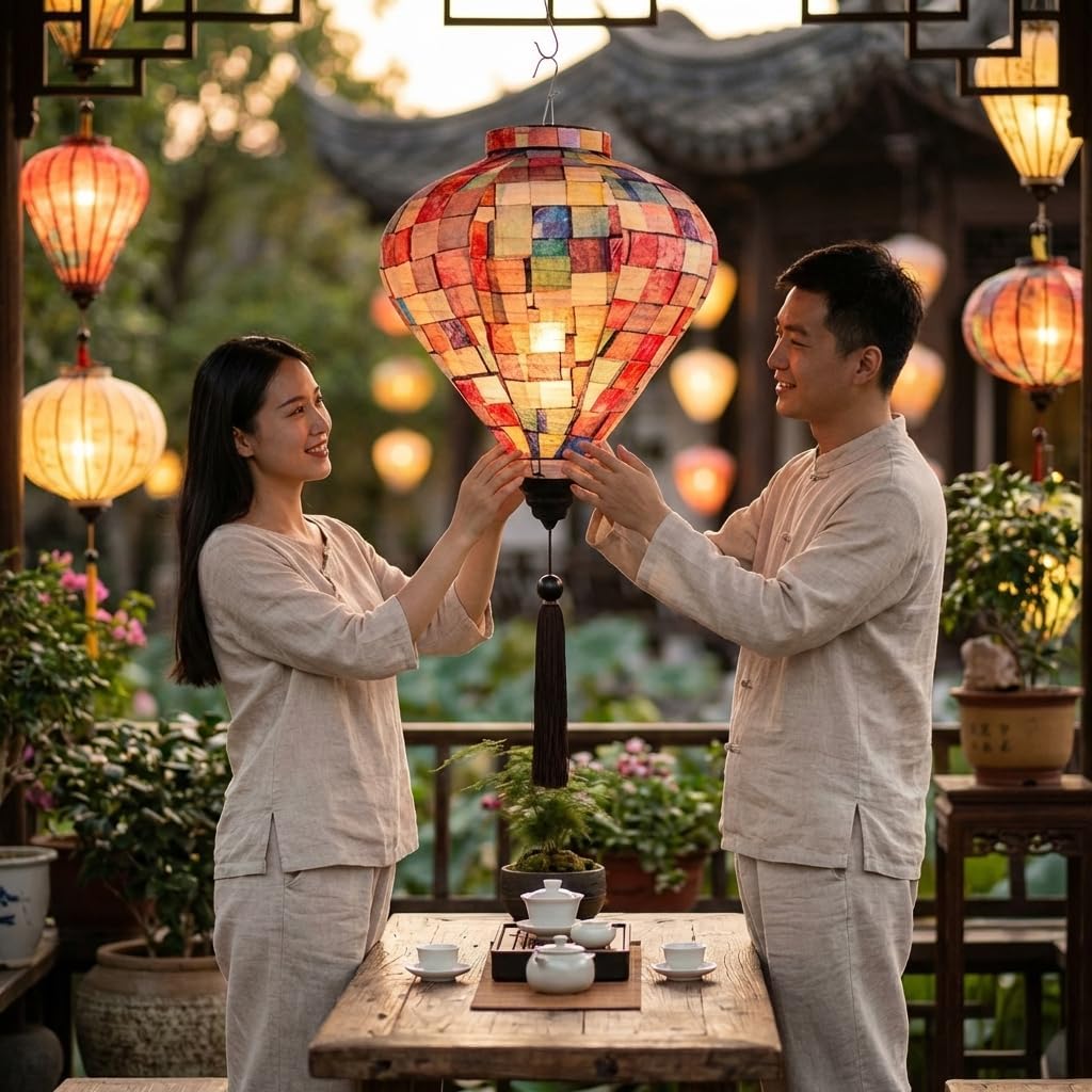 12" Color Matching Grid Chinese Cloth Lantern, Traditional Festival Hanging Lampshade, Decorative Paper Lantern with Fabric Overlay for Home Wedding Party Decoration