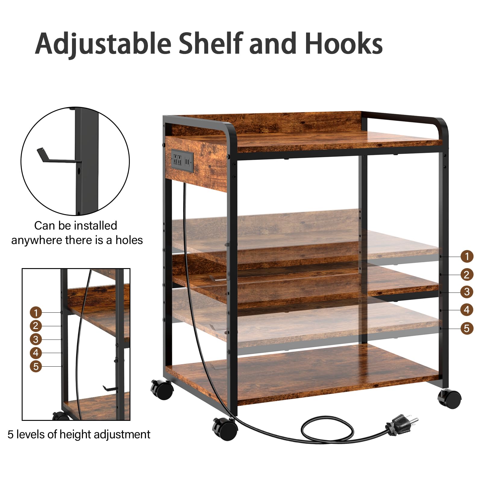 Livofloral 3 Tier Large Printer Stand with Wheels 25 2 x 18 9 Inch Printer Stand with Power — view 3