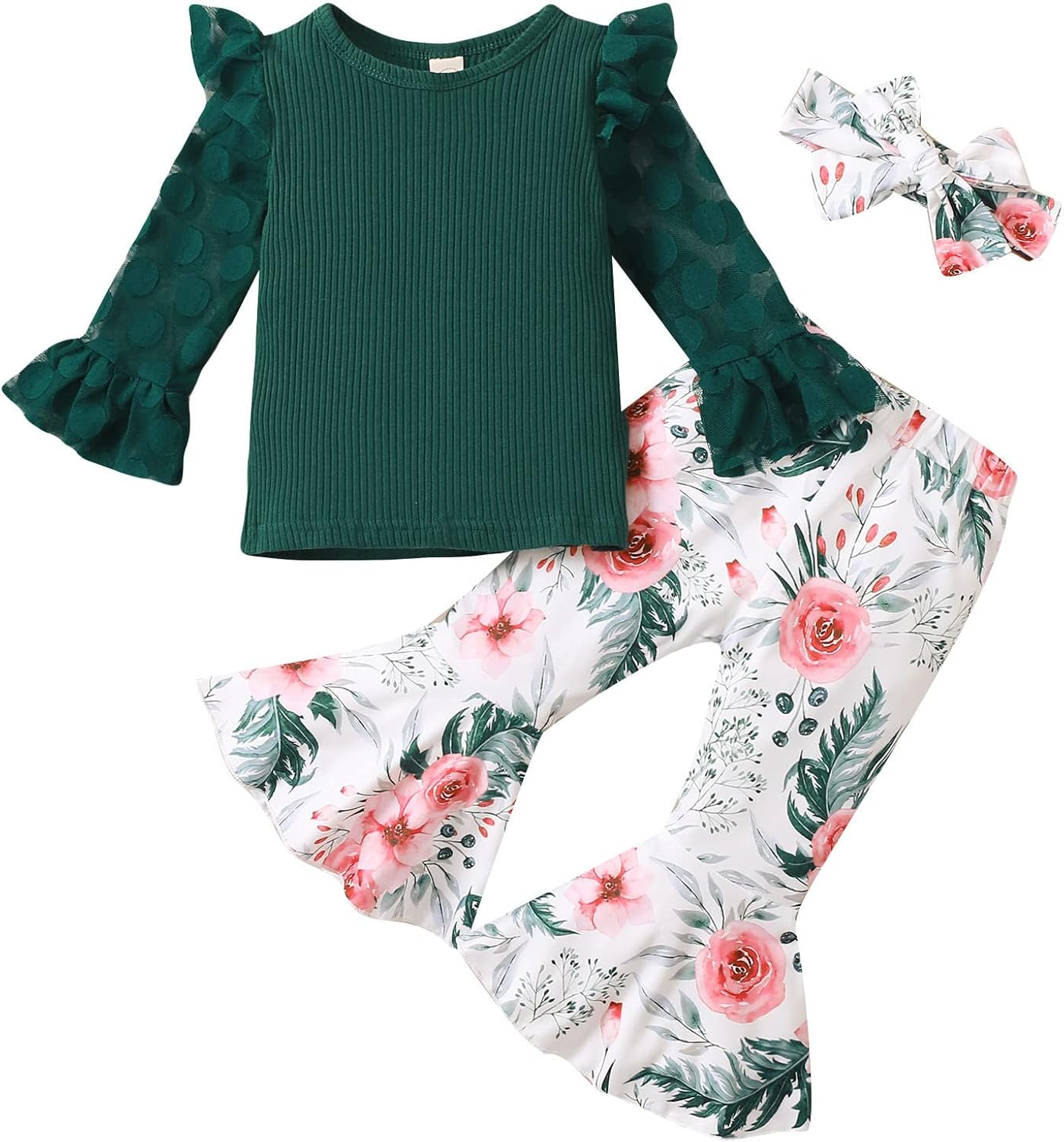 Baby Girl Pullover Lace Dot Tops+Sunflower Floral Print Flare Pants Outfits Ruffle Long Sleeve Solid Color Round Neck T-shirt