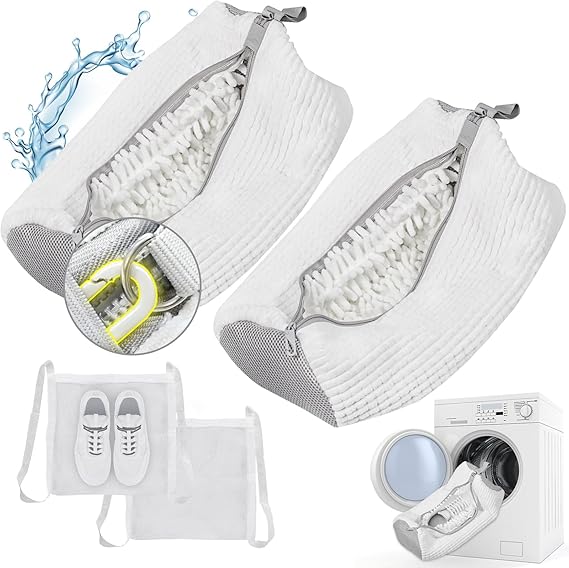 Washing Bags for Laundry, 2 Pack Machine Bag for Shoes, Washer and Dryer, Include Dry Mesh Bag, Durable Zipper With Hook Design, White