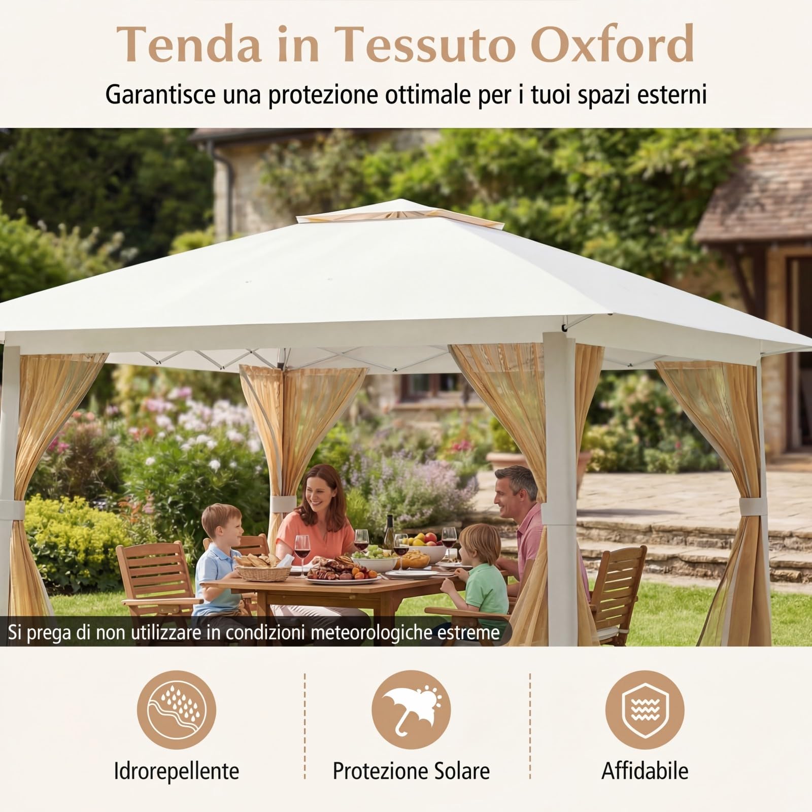 COSTWAY Gazebo da Giardino 3,94 x 3,94 M, Gazebo da Esterno con Zanzariera, Tetto Doppio, 3 Altezze Regolabili e Borsa per il Trasporto, per Feste, Barbecue, Giardino e Spiaggia (Beige)