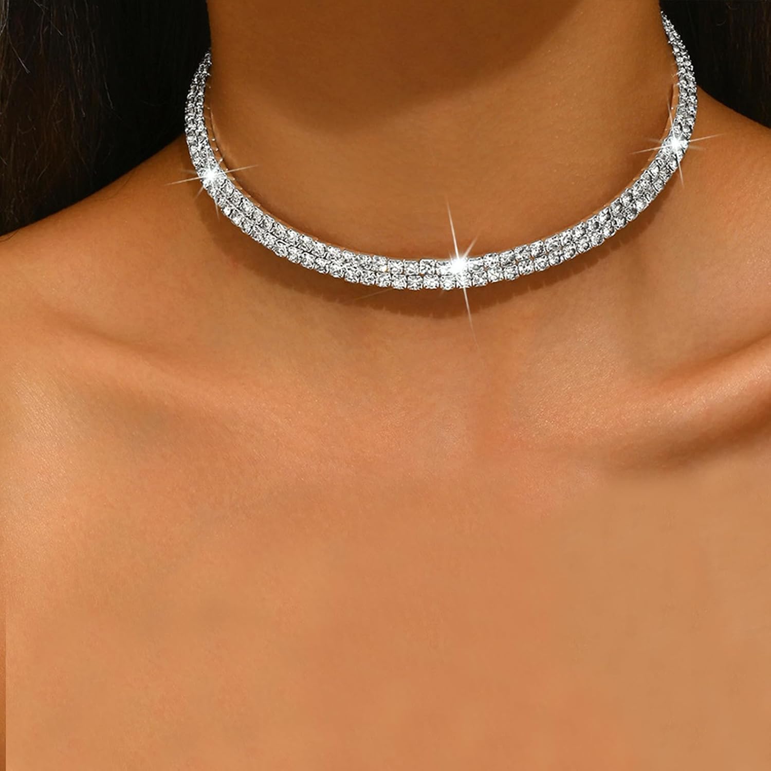 Rhinestone Tennis Necklaces Silver Choker Necklace for Women Bling Collar Necklace for Woman Statement Round Prom Jewelry - Image 4