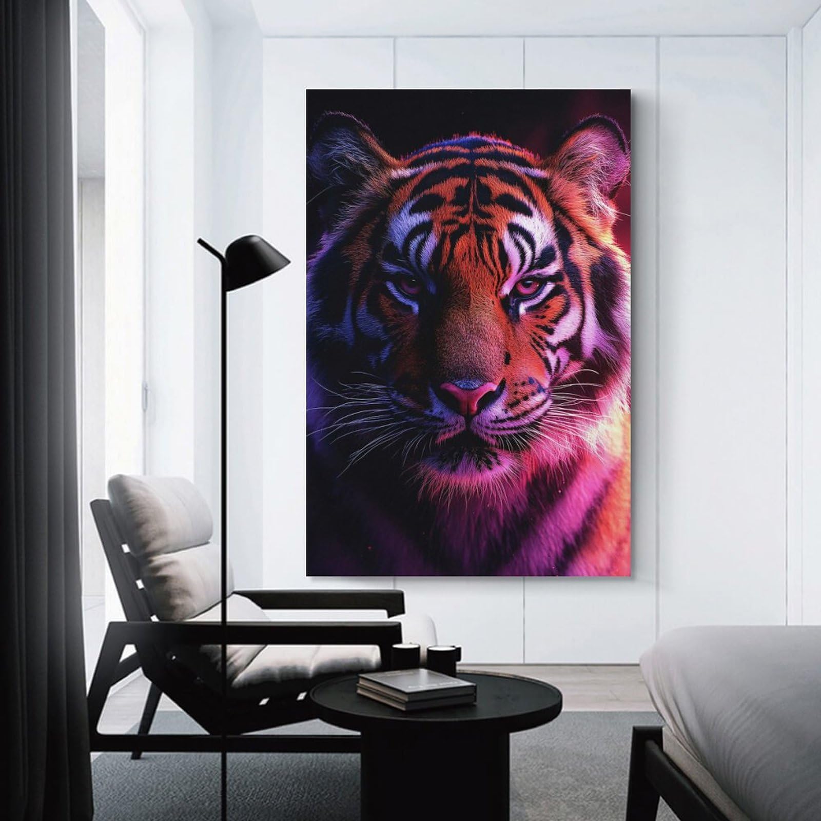 Junmoney Unframe-Style-7 Canvas Wall Decor Close-Up Tiger Portrait With Neon Lighting, 20X30inch(50X75cm), For Flats, Guest Rooms Or Compact Rooms, Wall Decor With Flexible Room Appeal
