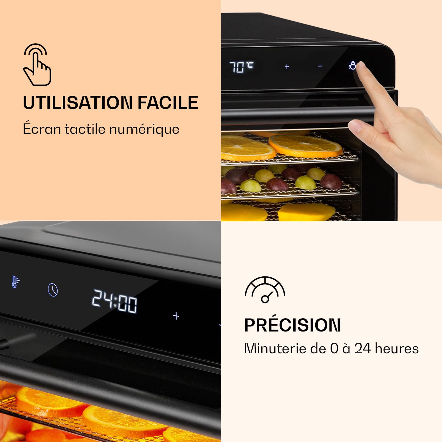 Klarstein Deshydrateur Alimentaire, Séchoir à Légumes, Herbes et Viandes, Déshydrateur de Fruits Secs 700W avec 6 Plateaux à Grille Métallique, Four à Viande Séchée en Métal, Minuterie, Noir