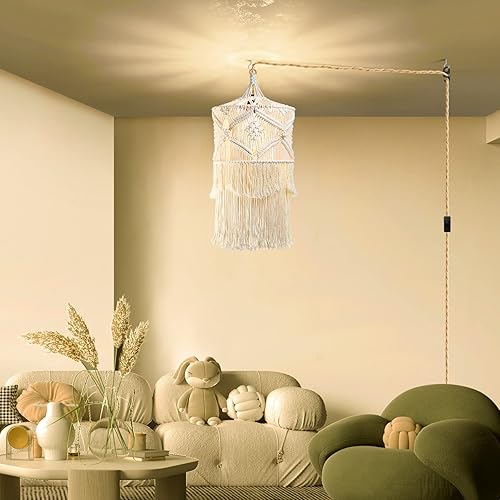 Miniatura 2 de Lámpara colgante bohemia enchufable, luces colgantes de 15 pies con cable de enchufe, luces colgantes con pantalla de lámpara de macramé hecha a