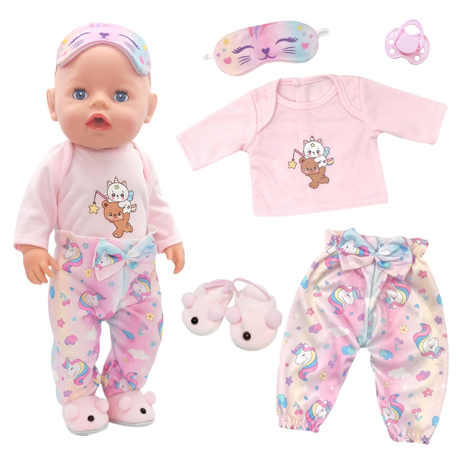 6 Pcs Doll Clothes for 14-18inch Baby Doll, Pink Pony Doll Outfits Pajamas Set with Long-sleeved Top, Bow Pants, Plush Rabbit Shoes, Eye Mask, Pacifier, Gift for Dress up 35-45cm Dolls Girls Boys