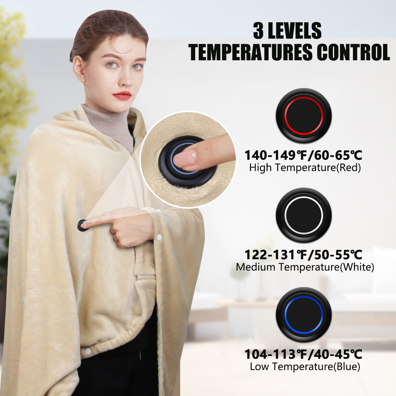 Heizdecke Kabellos mit 10000mAh Akku, 160x90cm Elektrische Flanell Wärmedecke Tragbar für Damen & Herren, 3-Stufen-Heizung, Waschbar für Zuhause, Büro, Camping, Khaki