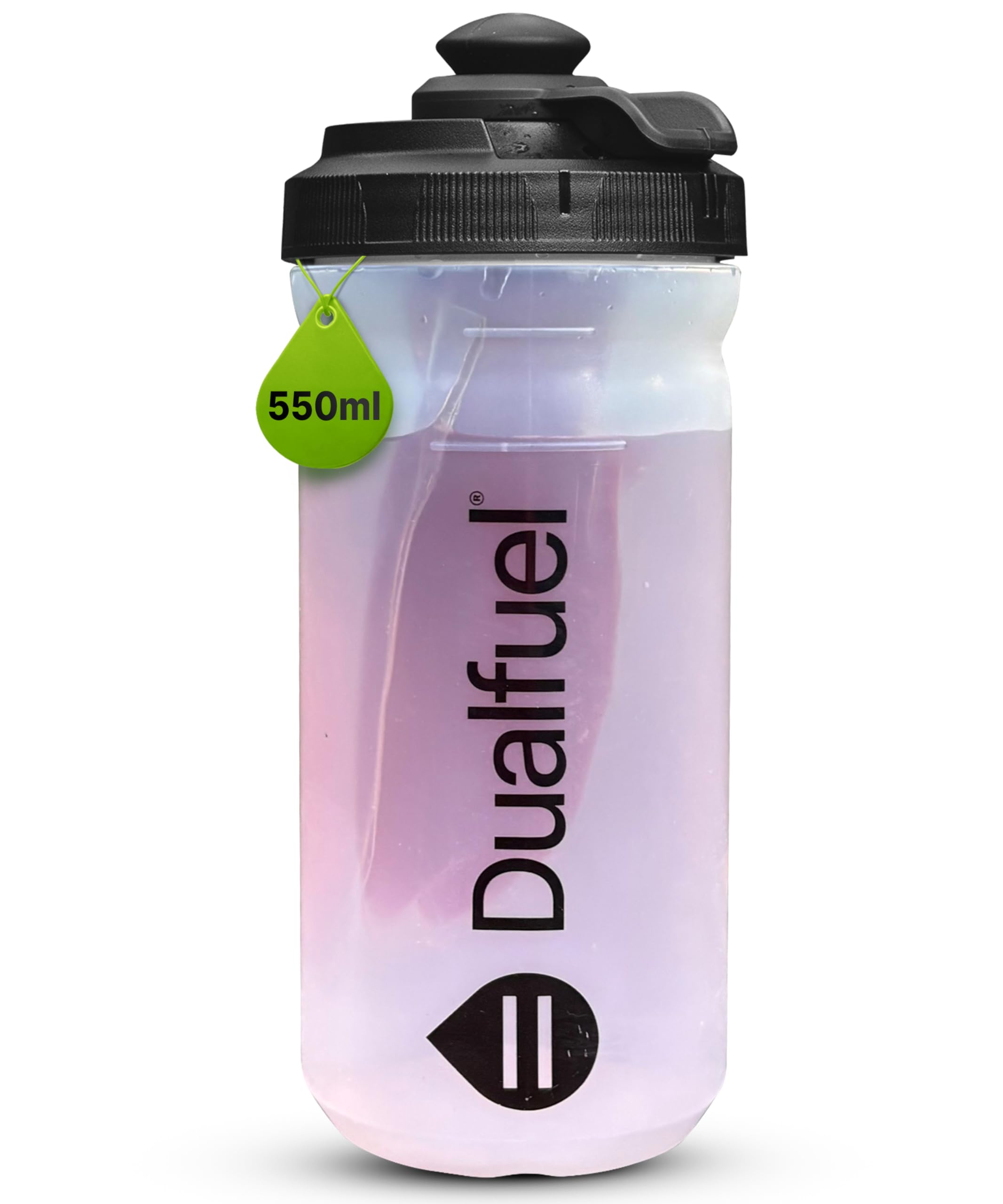 Dualfuel 550ml Sports Bottle – Water Bottle with Integrated Energy Gel Storage, Dual-Chamber, Switchable Hydration & Gel System, Leak Resistant for Cycling, Triathlon & Other Endurance Sports
