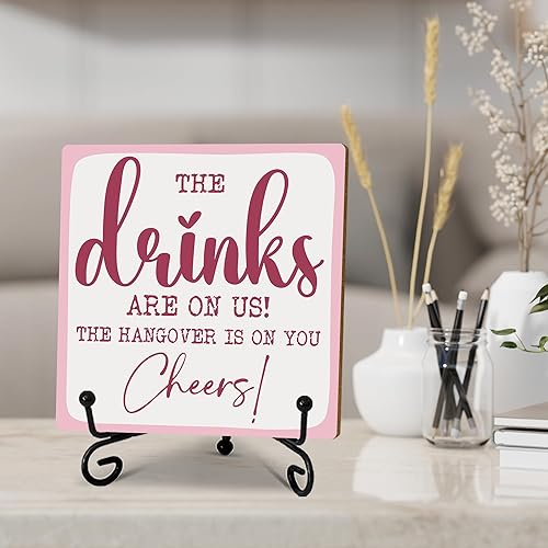 Miniatura 5 de Letrero de madera de 5 pulgadas, con texto en inglés "The Drinks Are On Us The Hangover Is On You, Cheers! Bar Home Bar, decoración de mesa,