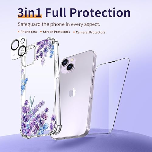 Miniatura 5 de Funda para iPhone 14, 3 en 1 con protector de pantalla y protector de lente de cámara, diseño de patrón de flores, transparente, suave, a prueba de