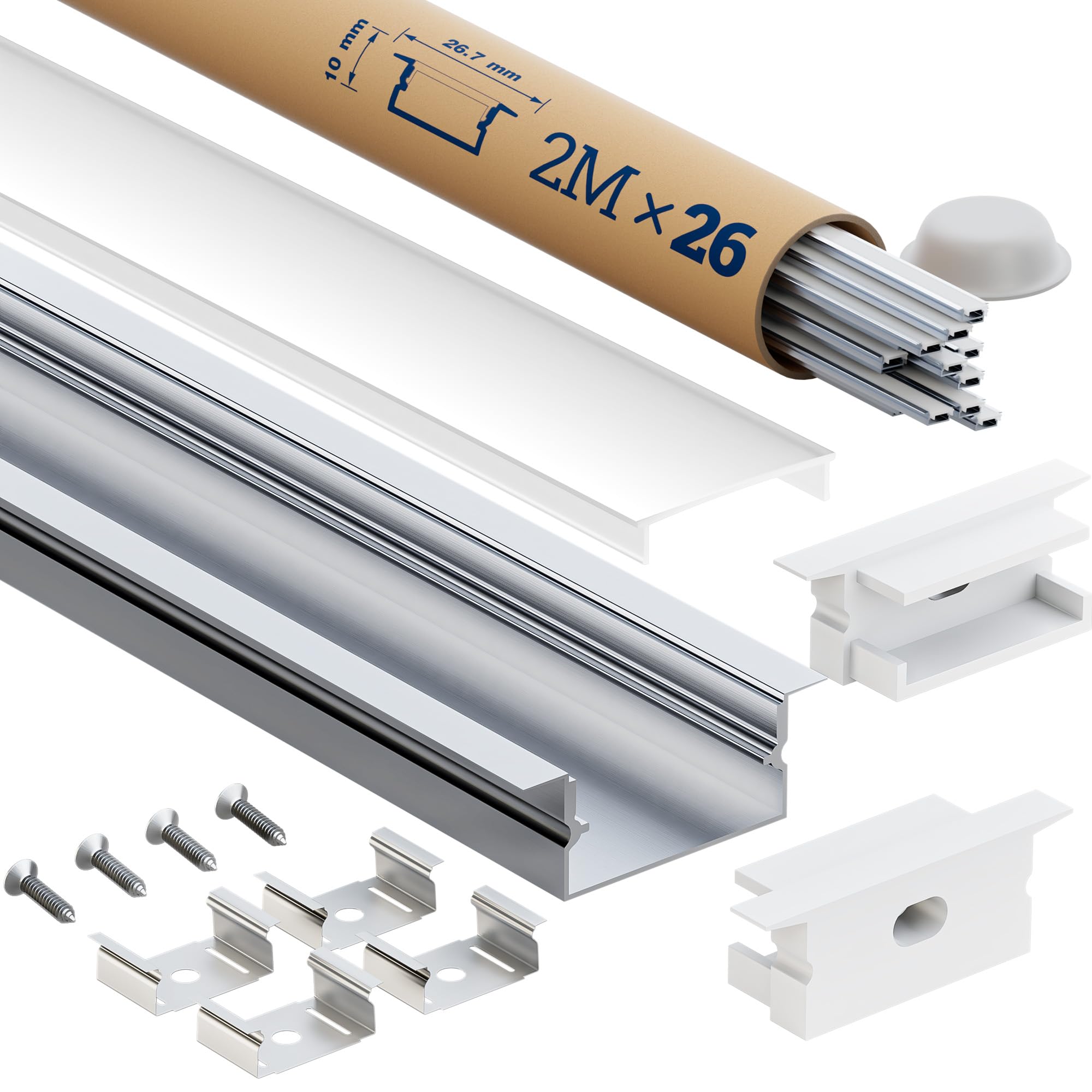 Profil aluminiowy LED, 2 m, 6 sztuk – listwa z dyfuzorem | do taśm LED do 15 mm, rozmiar 26,7 × 10 mm | w zestawie zaślepki, śruby i klipsy montażowe (2 m, 26 sztuk)