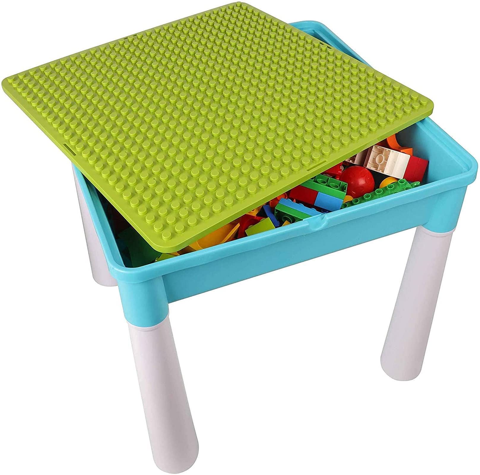 Burgkidz Ensemble de Table 5-en-1 128 Pièces Blocs de Construction Compatibles avec Chaise et Table Rangement Bleu