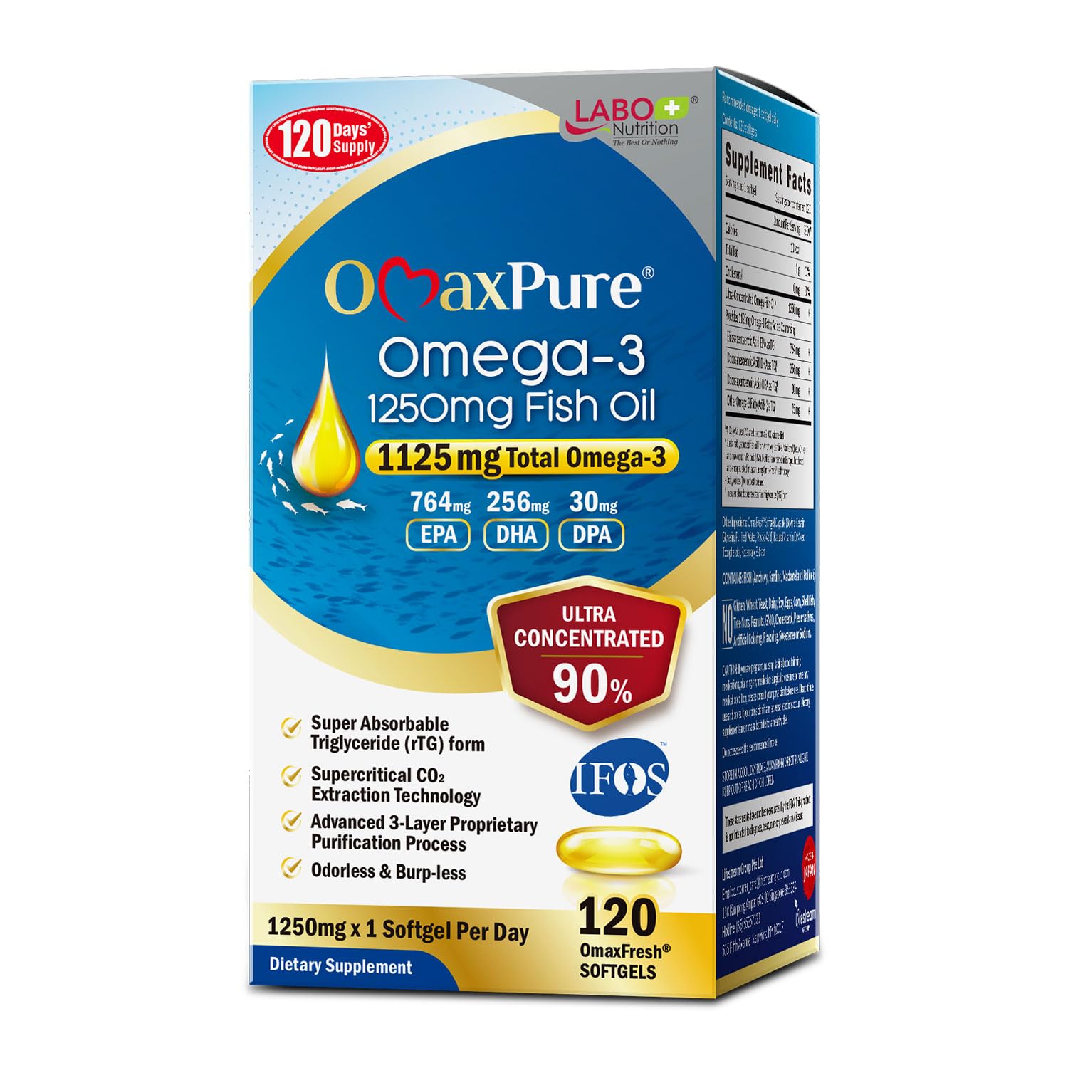 LABO Nutrition OmaxPure Omega3 Fish Oil - 1125mg Omega 3 IFOS Certified - High Potency rTG Omega Fish Oil Supplement with DHA & EPA - 120 Softgels