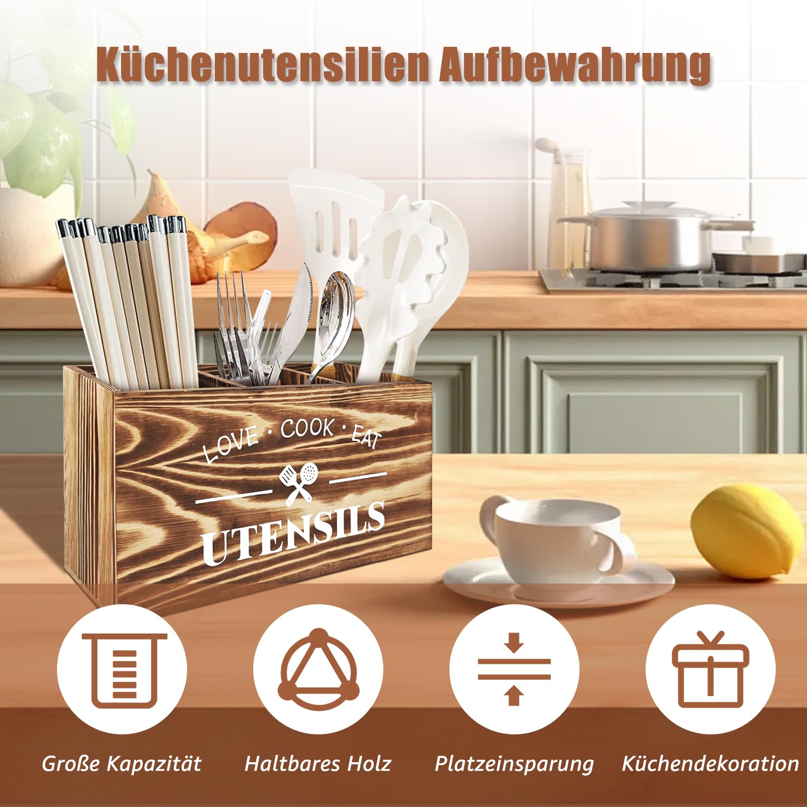 Cable Leader Küchen Utensilien Holder, Küchenutensilien Aufbewahrung Holz, Küchenutensilien Aufbewahrung, Holz Küchenutensilienhalter Naturbraun, Utensilien Halter Mit Luftlöchern(30*12.5*17.5 cm)