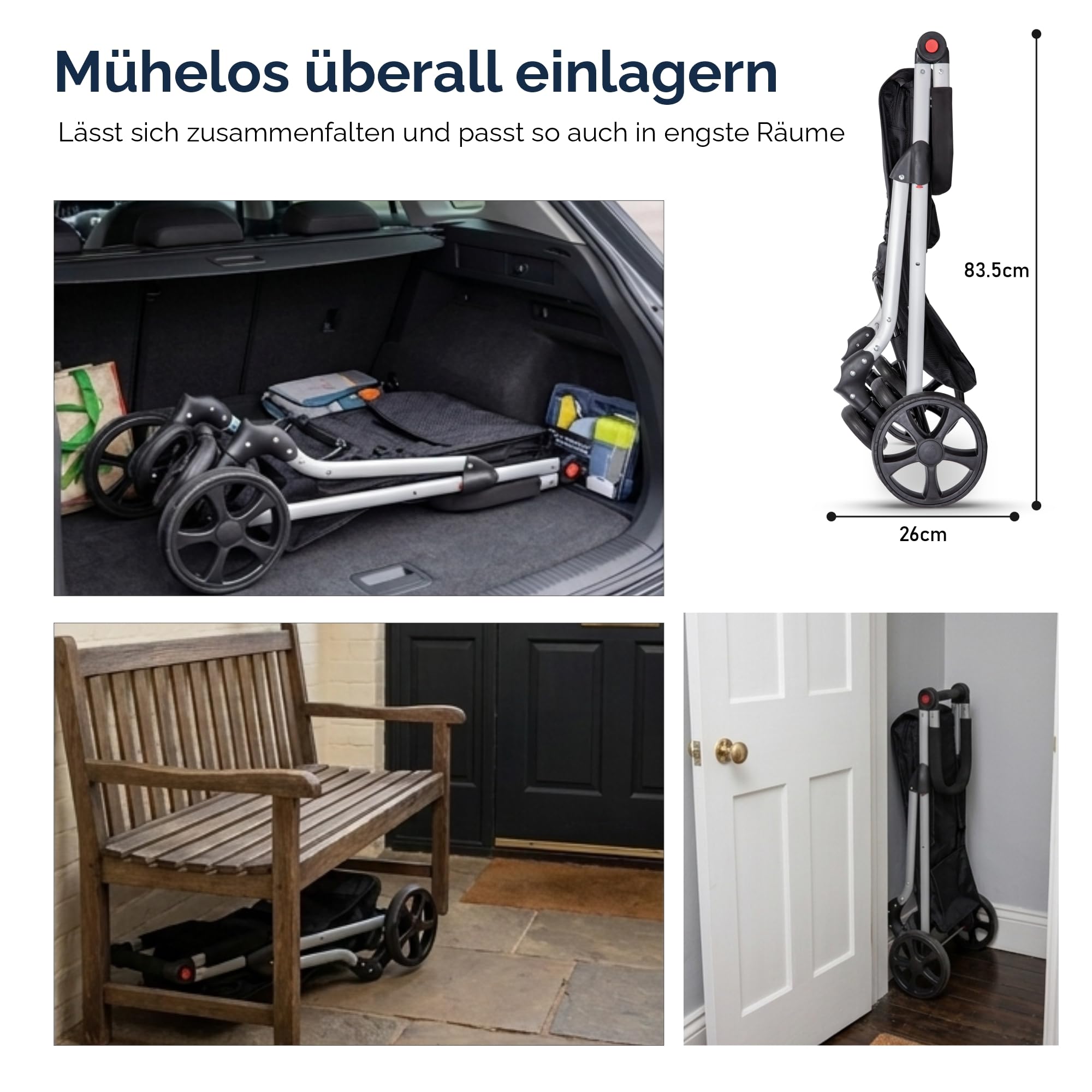 Hoppa 74L Klappbarer Einkaufstrolley, 6 Räder, Push/Pull | Große Kapazität, 6 Räder, 5 Taschen, Robust & Wasserdicht, Leicht, Klappbar, Für täglichen Gebrauch, Einkaufswagen