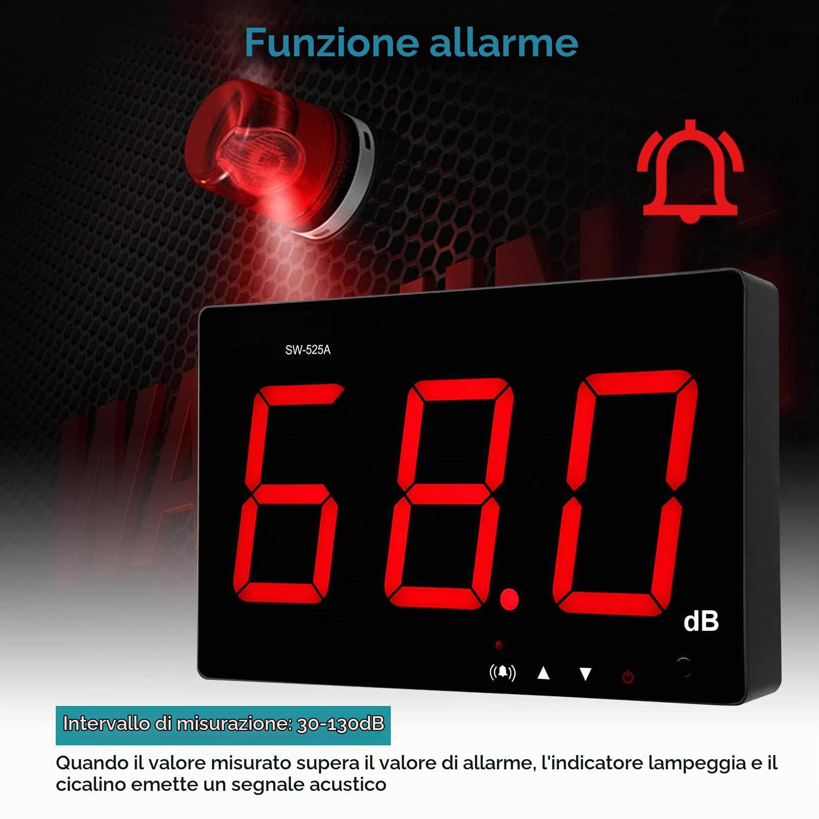 Fonometro a Parete, 30-130dB Misuratore di Decibel con Display LCD Misuratore di Livello Sonoro Digitale a Parete Digitale SPL Meter USB Lettore di Livello di Pressione Sonora, SW-525A