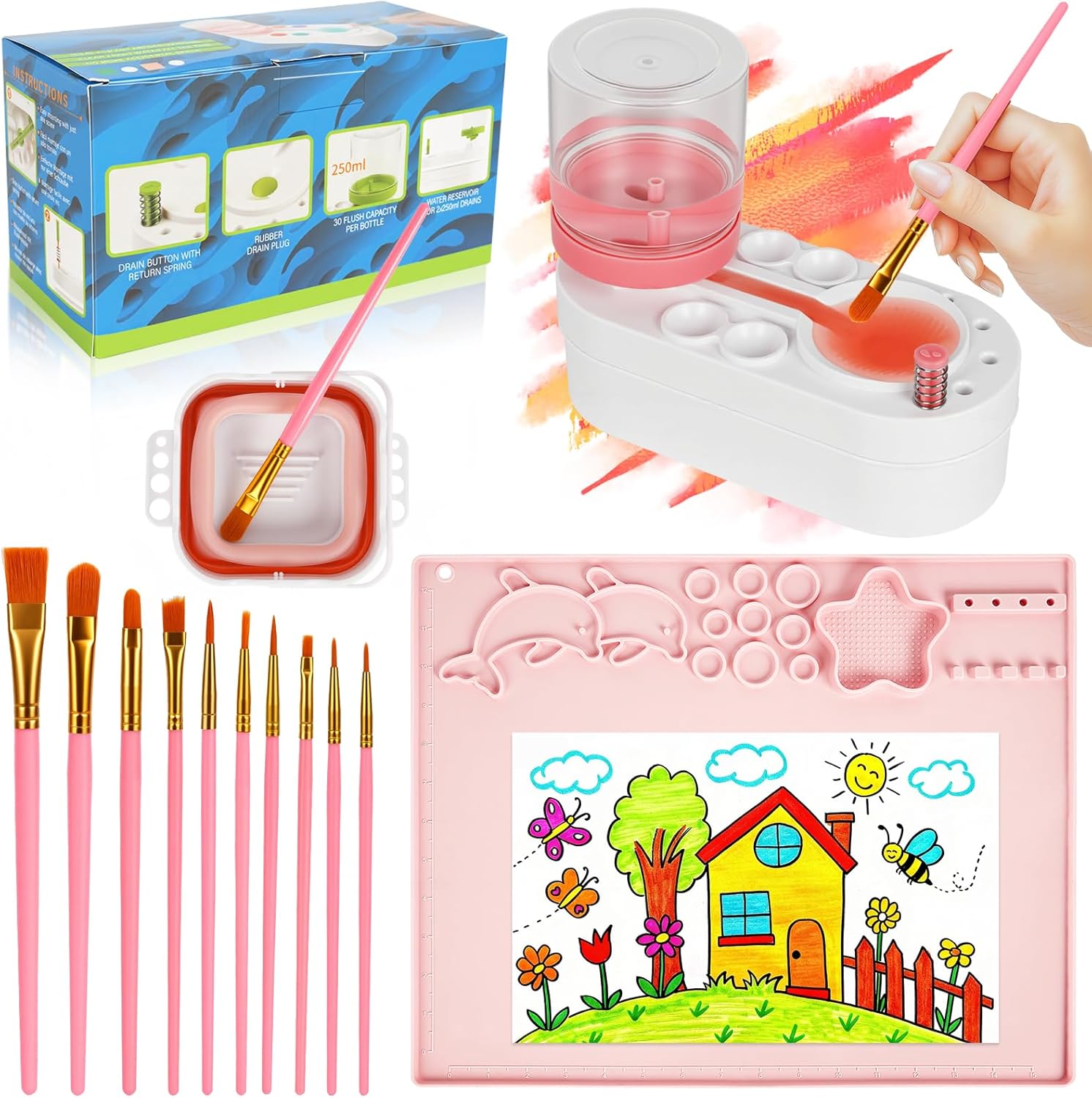 Painting Station, Paint Brush Cleaner (Pre-Assembled) and Silicone Art Mat 16.7"X13.5", Foldable Paint Brush Rinser Bowl with 10 Paint Brushes for Adults Artist Beginners Birthday Gifts(Pink)