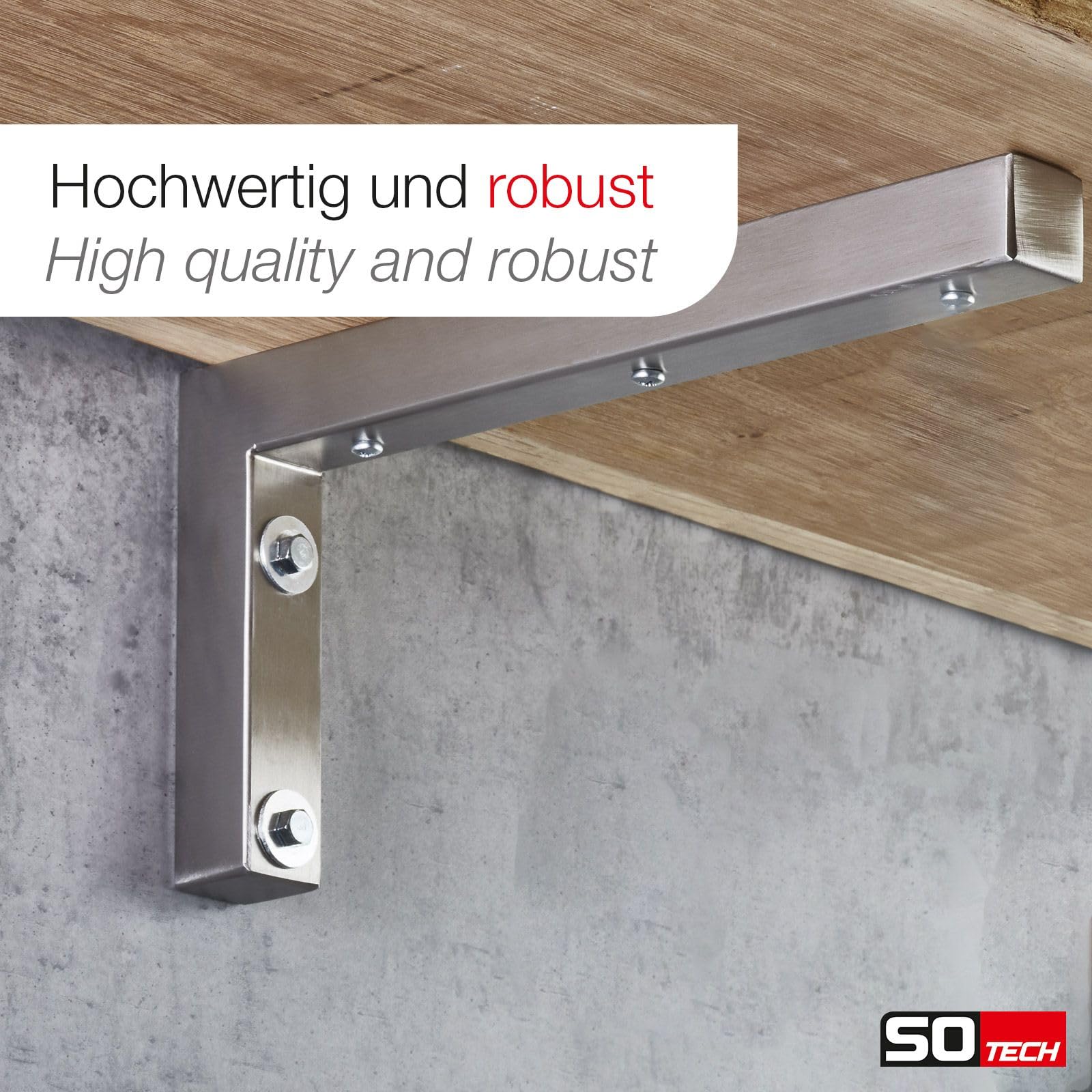 SOTECH Juego de 2 consolas de pared en forma de L (400 x 150 x 30 mm, acero inoxidable cepillado), consolas de estantería de alta calidad para montaje en pared, especialmente adecuadas para proyectos