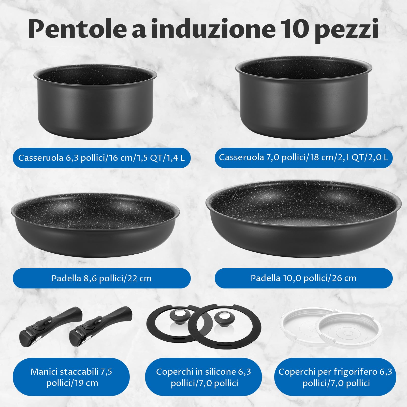 BEZIA Set di Pentole 10 Pezzi, Set Pentole e Padelle con Manico Removibile, Pentole Antiaderente, Impilabile per Camper, Prive Di Sostanze Tossiche, Senza PFOA, Compatibile con Induzione e Gas/Forno